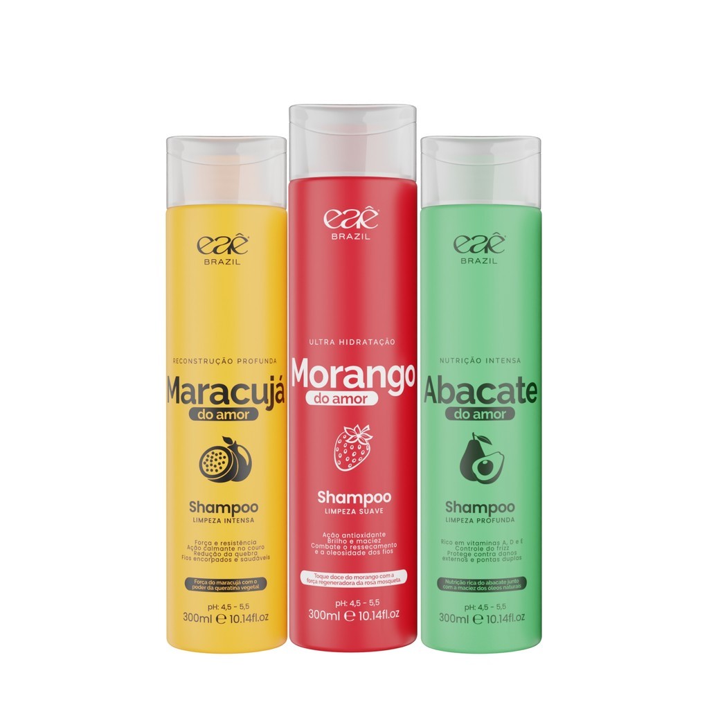 Rodizio De 3x Shampoo Hidratação Morango | Reconstrução Maracuja | Nutrição Abacate 300ml Eae Brazil