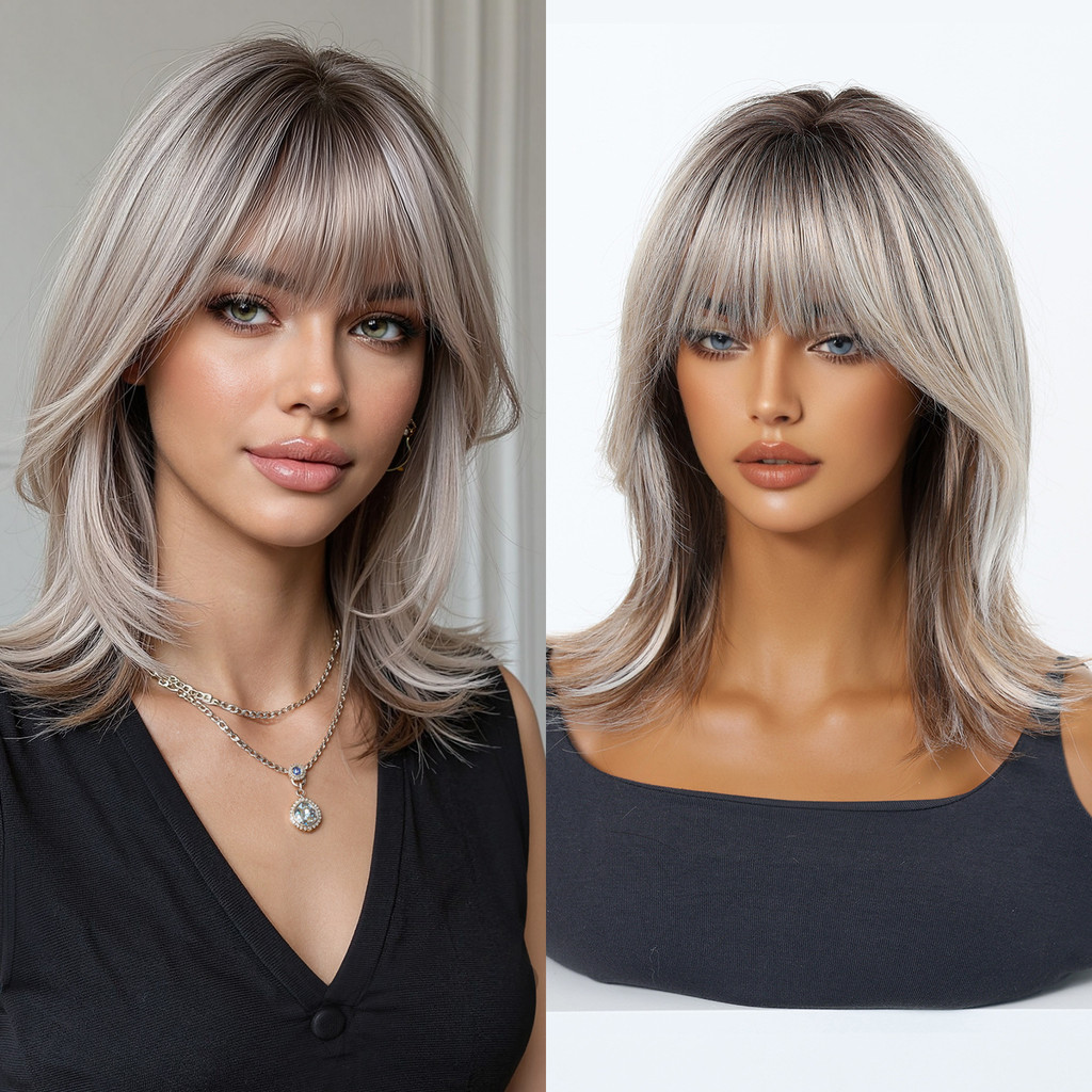Peruca feminina arnês completo Natural realista luz respirável estilo verão gradiente cinza dourado clavícula cabelo