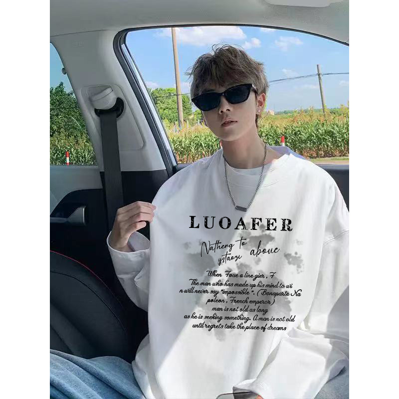 Algodão puro americano High street Wear manga comprida camiseta masculina primavera novo estilo solto tamanho grande Cas