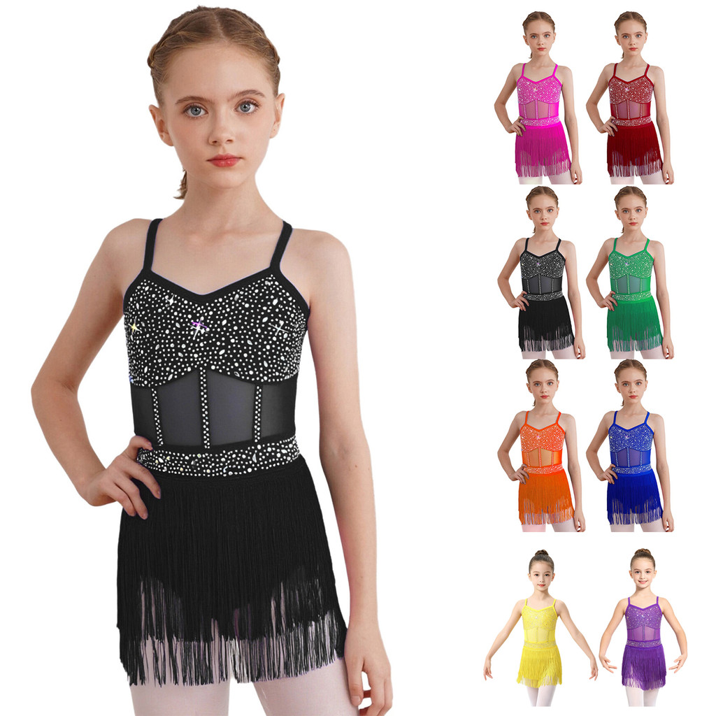 inhzoy Crianças Meninas Strass Latino Tango Dança Collant Vestido Pura Malha Retalhos Em Camadas Borla Franja Uma Peça B