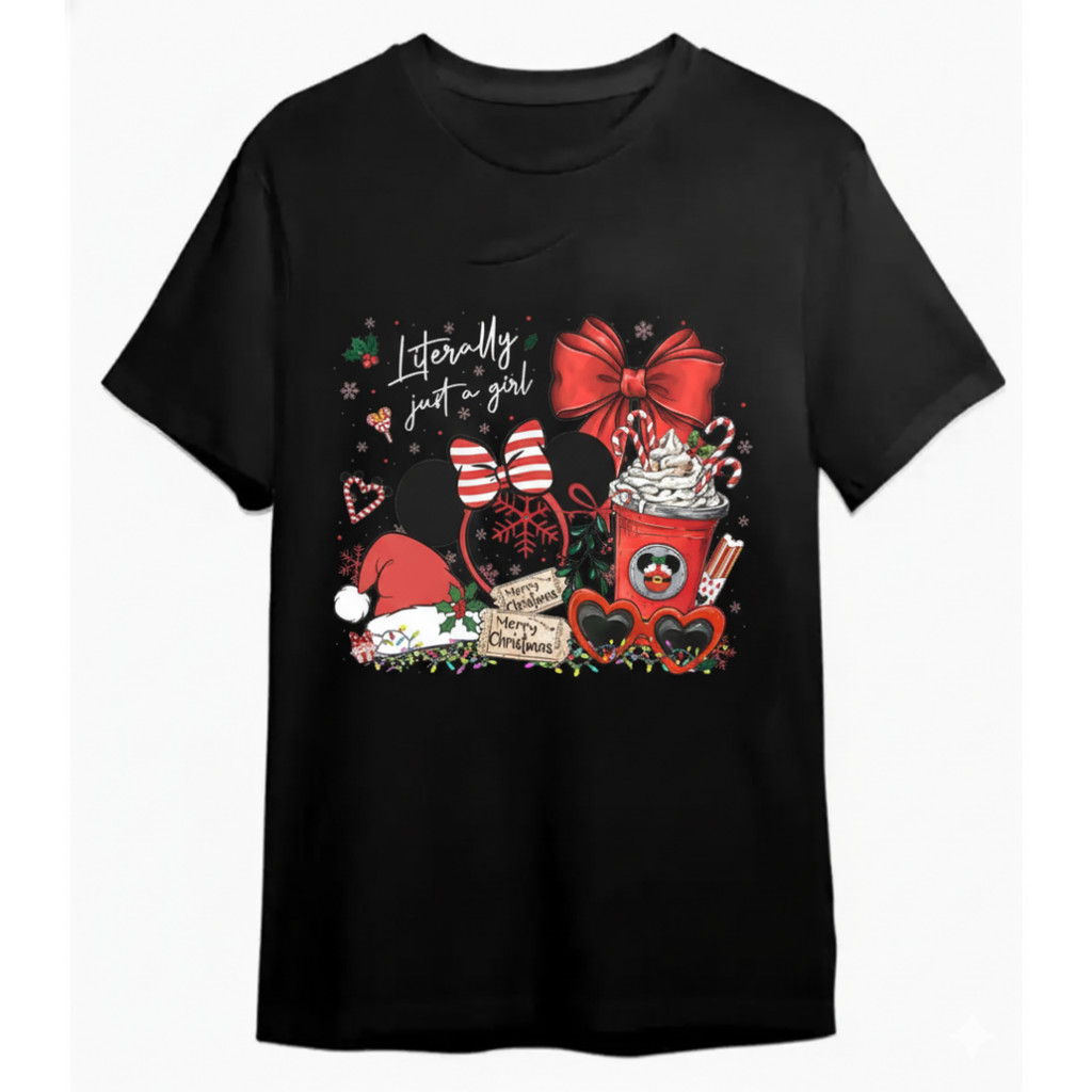 Camiseta Feminina De Natal Em Algodão Puro, Com Estampa Do Mickey Mouse, Incluindo Laço, Cabeça E Decoração Natalina