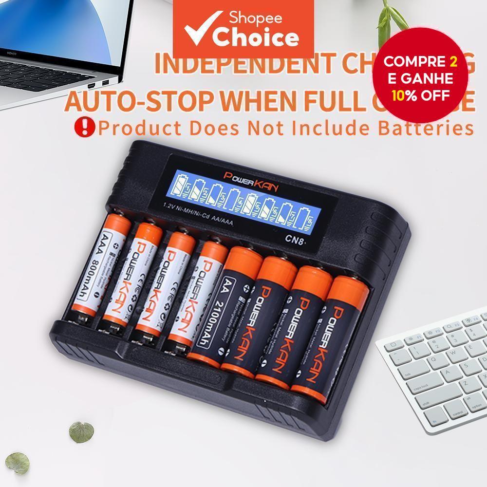 Carregador de Baterias New New PowerKAN CN8, 500mA*8 Slots, Carregamento Rápido e Entrada USB-C, Carregador LCD para
