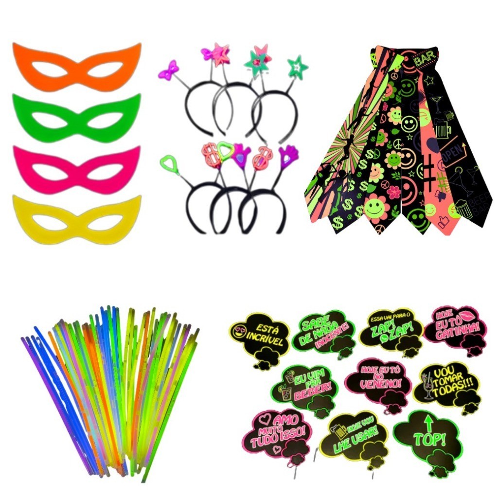 Kit Balada Festa Neon Casamento 150 Peças Pulseira, Máscaras, Tiaras, Gravatas, Plaquinhas, - Adereços Balada