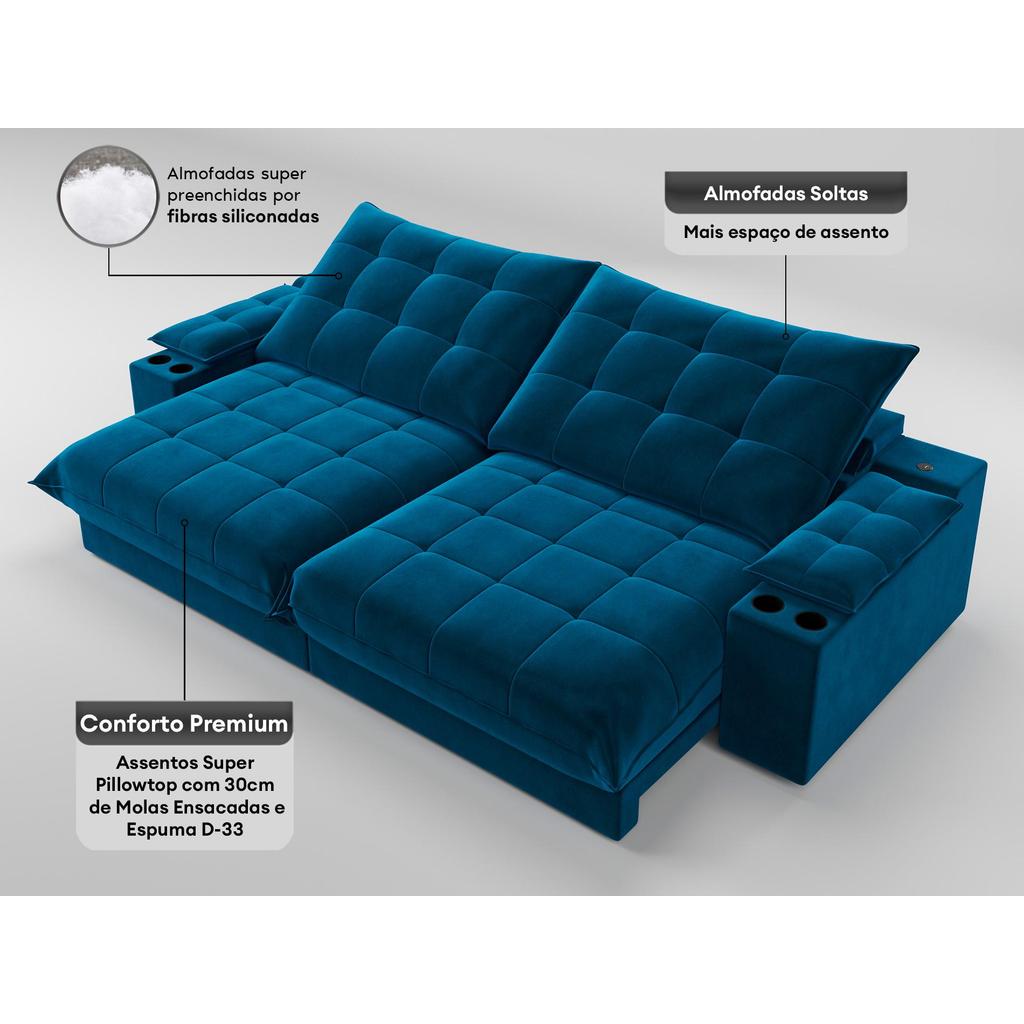 Sofá Thor 2,50cm com Super Pillow e Molas Ensacadas Veludocristal- NETSOFAS