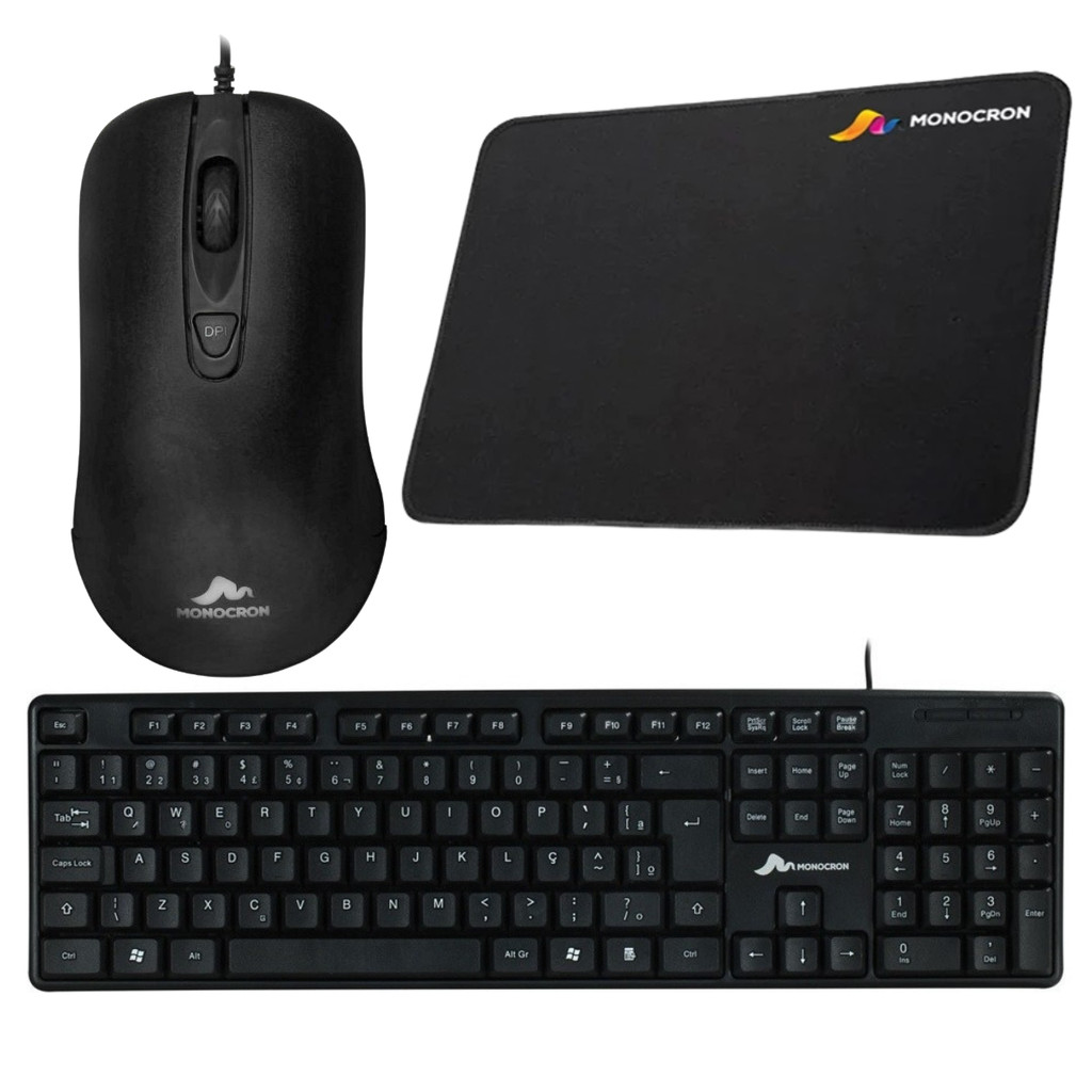 Kit Mouse e Teclado Com Fio + Mouse Pad Mn264-4d Mn8236 Preto Monocron