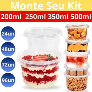 Kit Pote Plástico Redondo Descartável c/Tampa 200/250/350/500ml 24Un P/Bolo de Pote Açaí Marmita Freezer Microondas em Oferta na Shopee