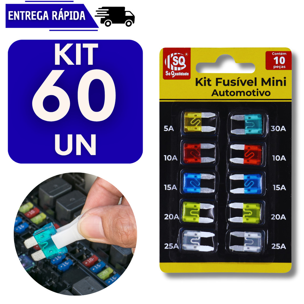 Conjunto 60 Fusiveis Lâmina Automotiva Carro Mini Proteção Elétrica 10 15 20 25 30 Ampres Automotivo Para Moto Veículos