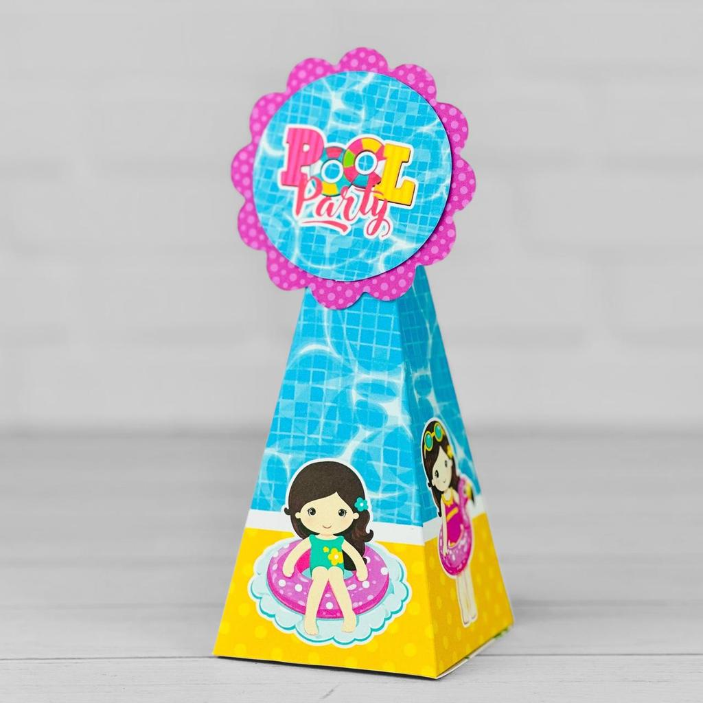 10 Caixinhas Tema POOL PARTY MENINA - Lembrancinha Festa Infantil Decoração Aniversário Caixa Pirâmide 