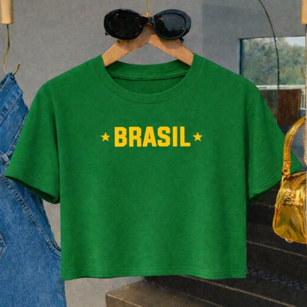 Cropped Feminino Estampado Brasil Seleção Brasileira Top Camiseta Tecido de Algodão Leve Confortável