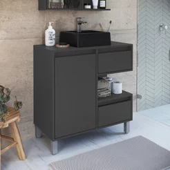 Gabinete para Banheiro com Cuba Preto 80cm 2 Gavetas 1 Porta 1 Nicho Paula Grafite Grafite