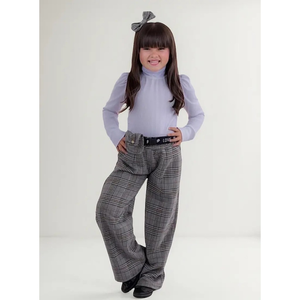 Conjunto Xadrez Blusa Canelada+ Calça Pantalona+ Pochete Infantil Fashion