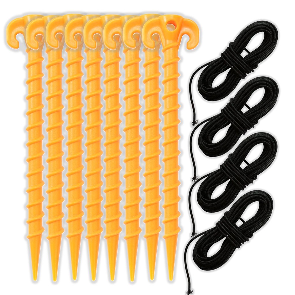 Kit 8 Estacas De Rosca 20cm Espeque Para Barraca Camping Praia com 4 Elásticos 6mt cada