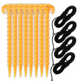 Kit 8 Estacas De Rosca 20cm Espeque Para Barraca Camping Praia com 4 Elásticos 6mt cada