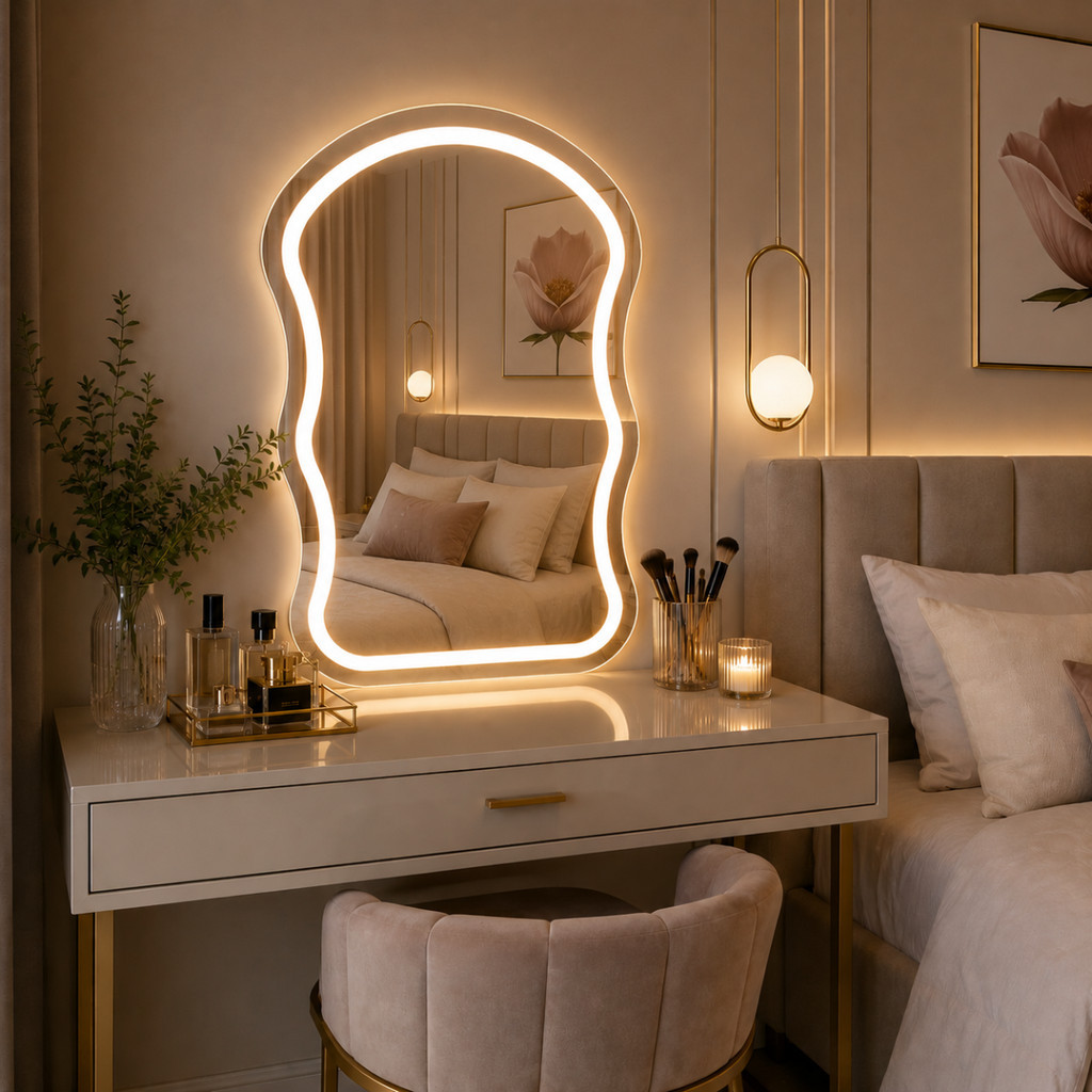 Espelho Lopazzi Orgânico Aura 90x60 com LED Jateado para Lavabo,Penteadeira,Mesa de Maquiagem,Quarto,Banheiro e Closet