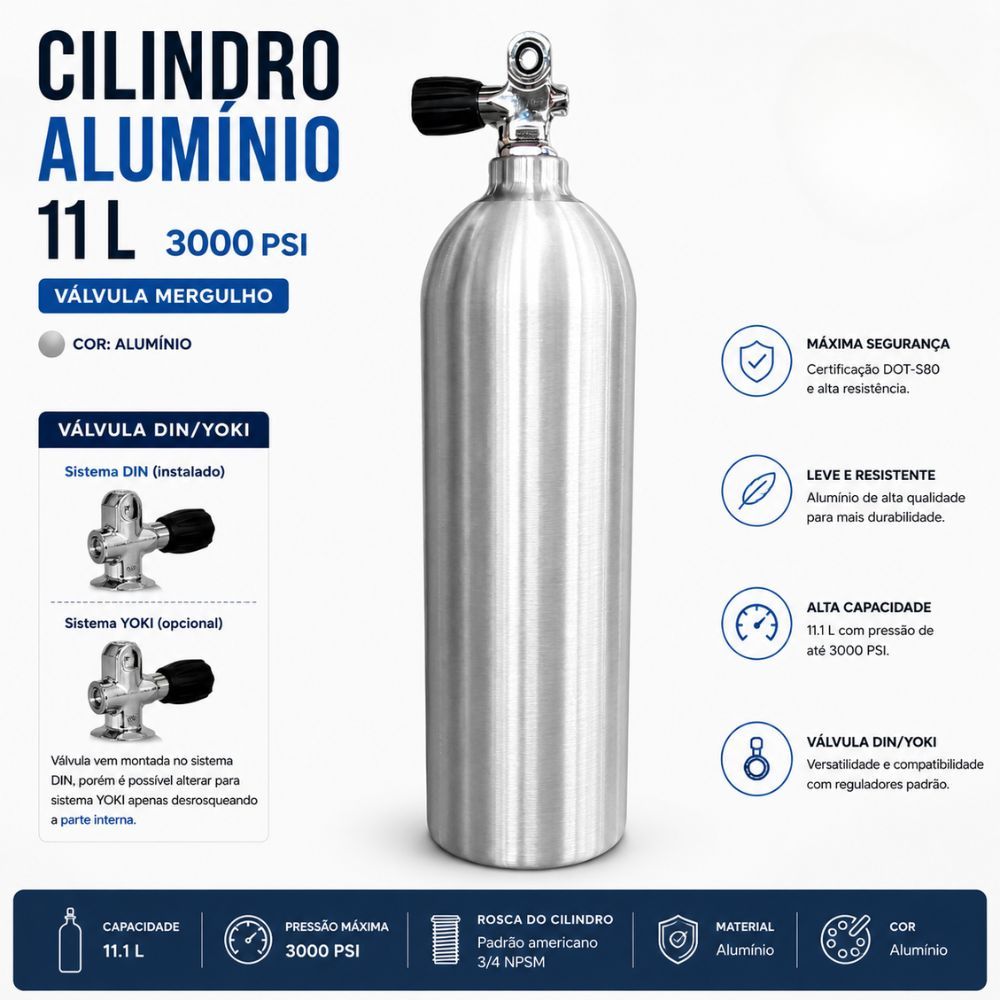 Cilindro Aluminio 11 L 3000psi Valvula Mergulho Cor Aluminio Náutico
