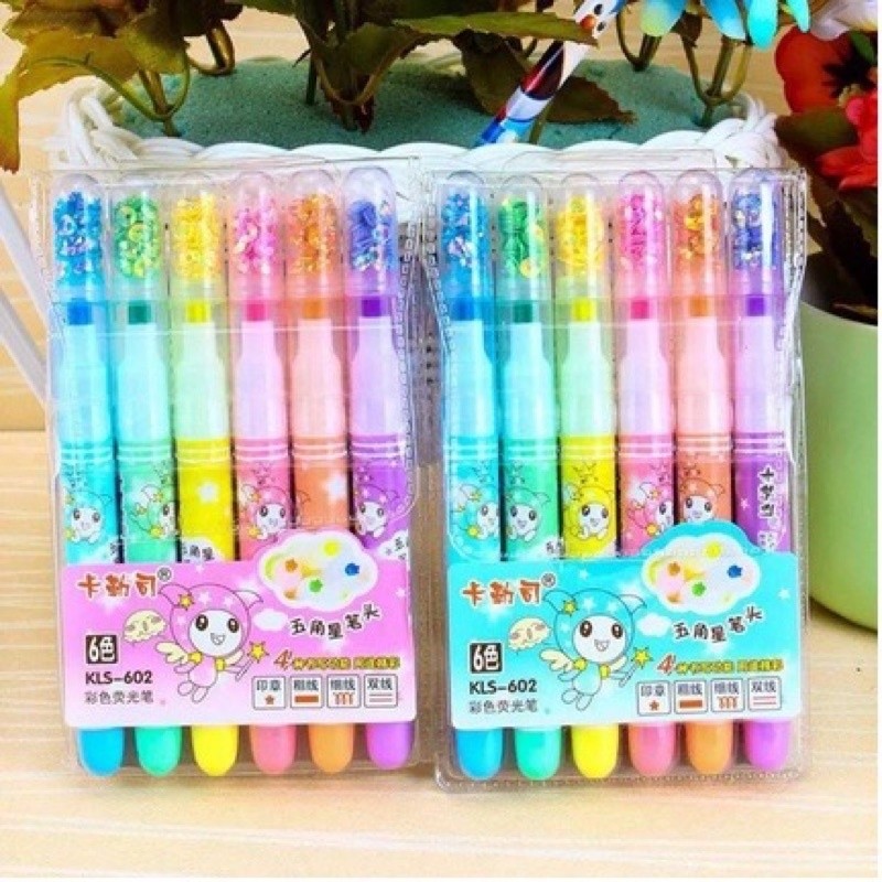 Kit 6 Cores Marca Texto Ponta Estrela Com Glitter no Tampa Papelaria/Escritório/Escola/Material