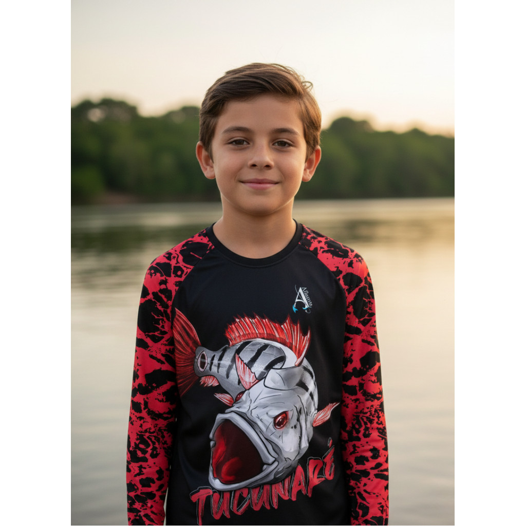 Camisa de Pesca Infantil UV50+ Tucunaré Sombra do Lago Vermelho