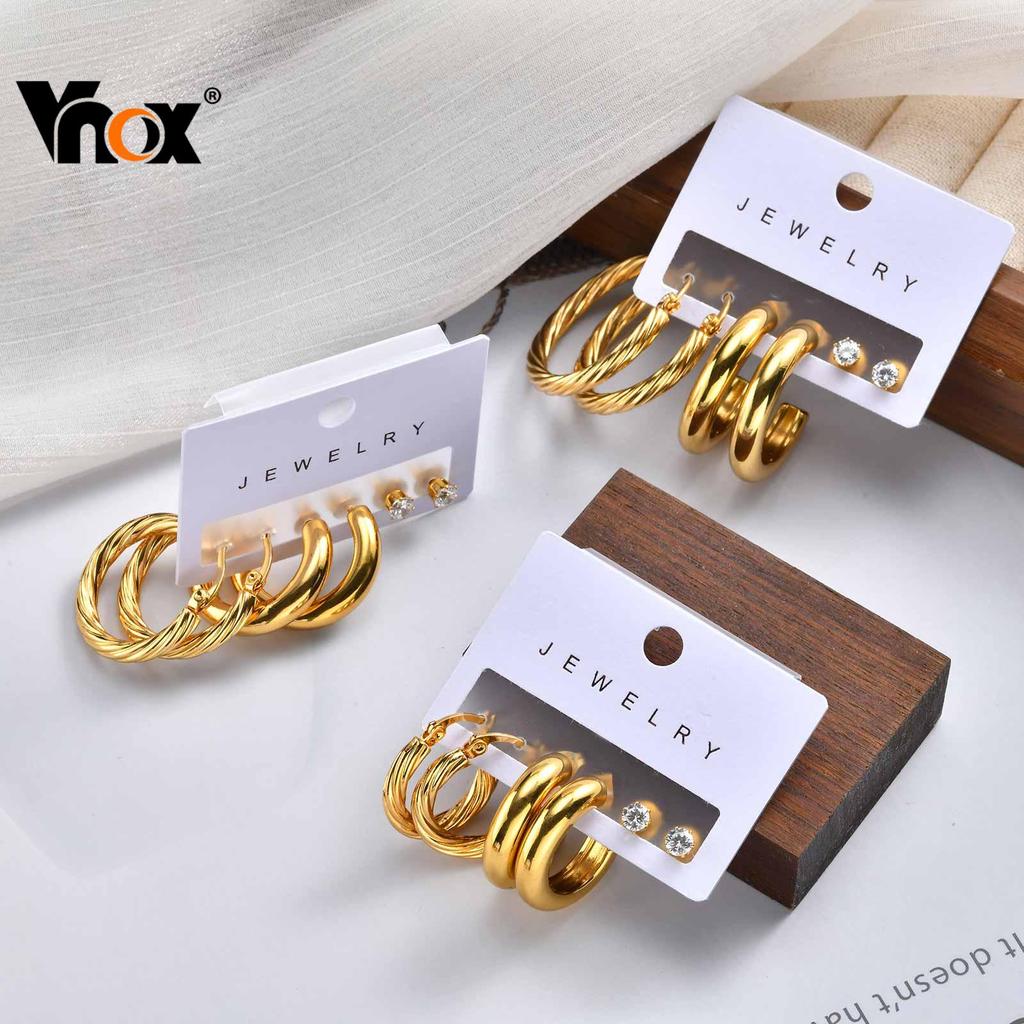 Vnox 3 Peças De Brincos De Argola Robusta E Ousadas De Zircônia Para Mulheres Meninas , Conjunto Minimalistas De Aço Ino