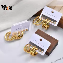 Vnox 3 Peças De Brincos De Argola Robusta E Ousadas De Zircônia Para Mulheres Meninas , Conjunto Minimalistas De Aço Ino