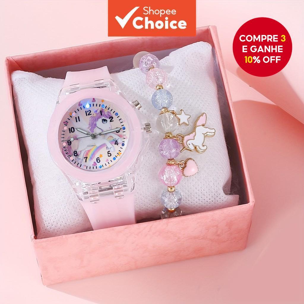 Relógio De Pulso Unicórnio Infantil Para Crianças , Mostrador Circular , Quartzo , Conjunto De Pulseira , Relógios Lumin em Oferta na Shopee