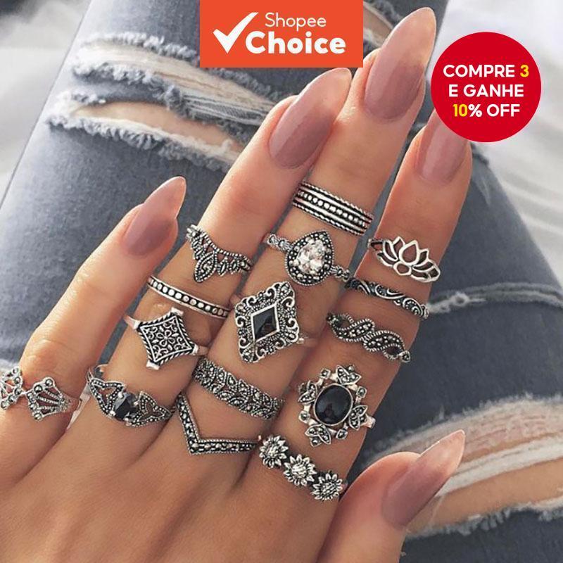 15 Pçs Conjunto De Anéis De Junta Vintage Oco Gota Lótus Diamante Gotejamento Óleo Boho Empilhamento Jóias Para Mulher