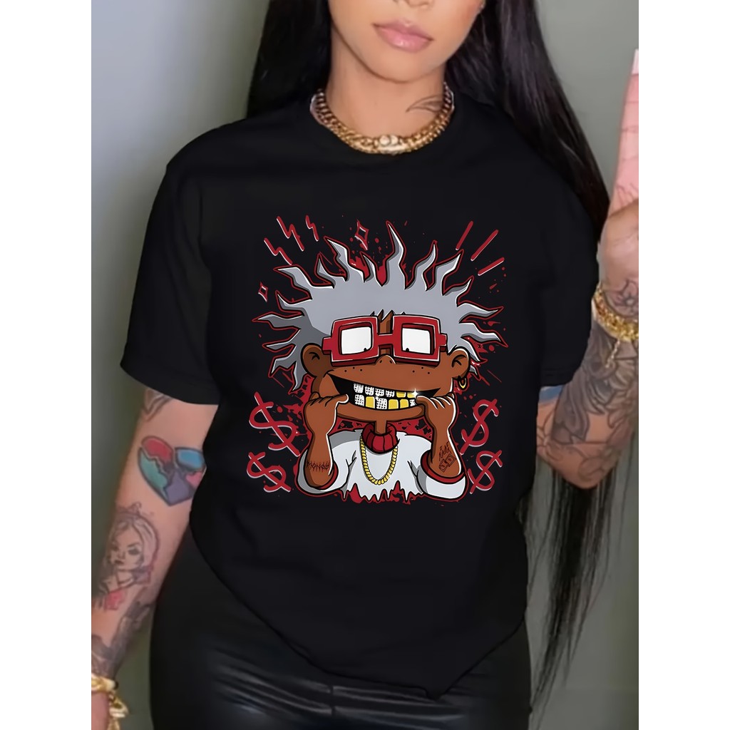 Camiseta Feminina Cartoon Characters Print Personagens Estampados Confortável Divertida Estilosa Verão
