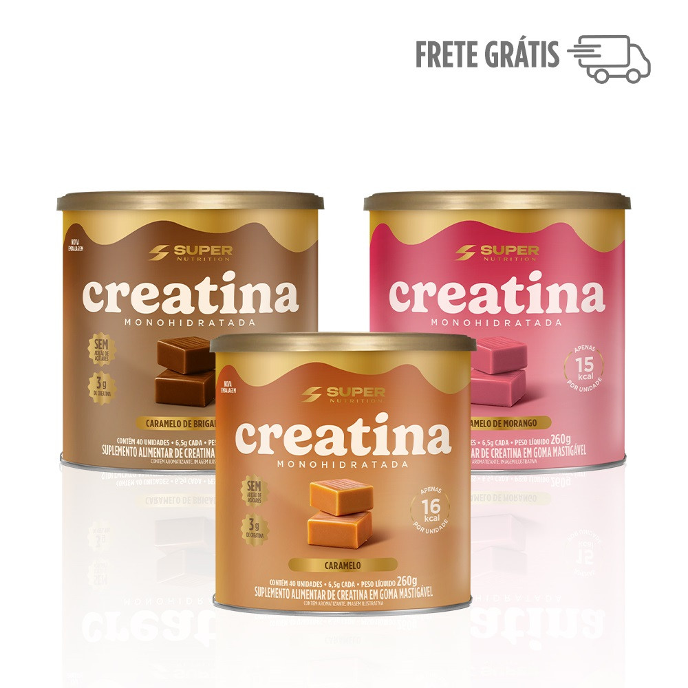 Caramelos de Creatina | Combo 3 Latas (Caramelo, Brigadeiro e Morango) em Oferta na Shopee