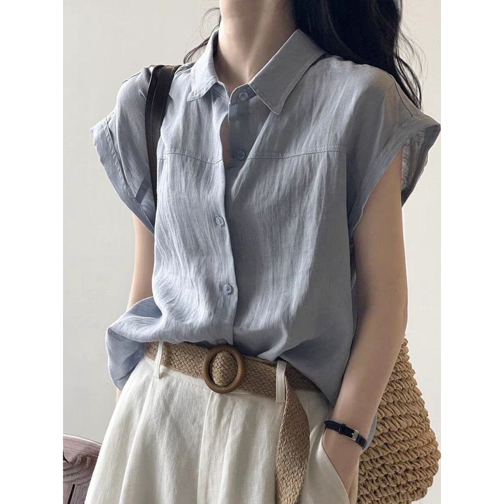 Camisa branca de manga curta de linho feminina verão camisa branca estilo japonês Commuter Wear feminino pequena manga v
