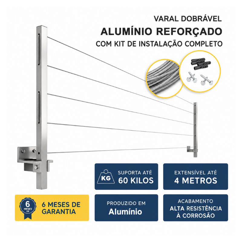 VARAL DE PAREDE RETRATIL ALUMÍNIO MODERNO SUPORTA 80kg DOBRÁVEL - ENVIO FULL