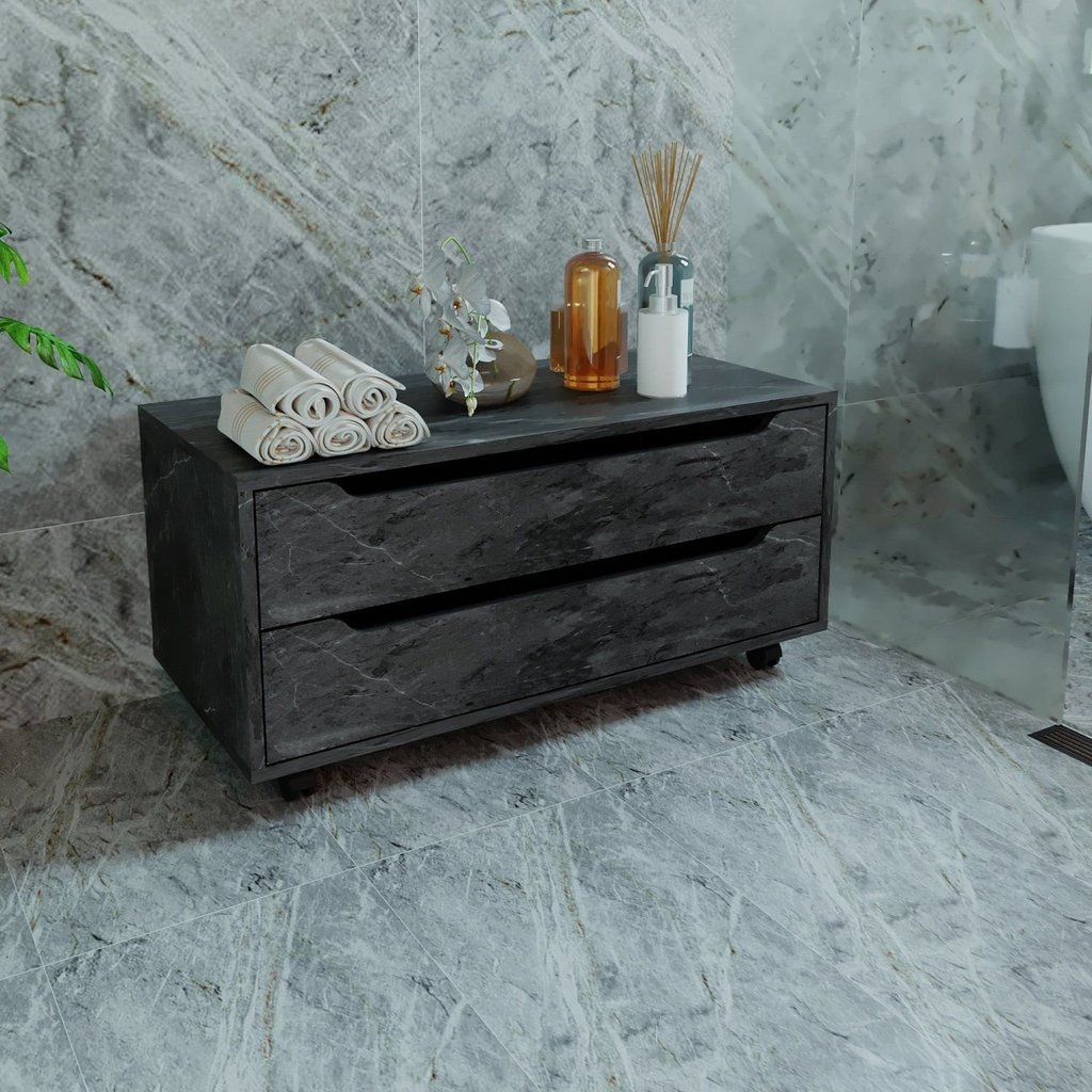 Armário para Banheiro com 2 Gavetas com Rodízio 80cm BN3643 Preto/Mármore Lunar Mármore Lunar