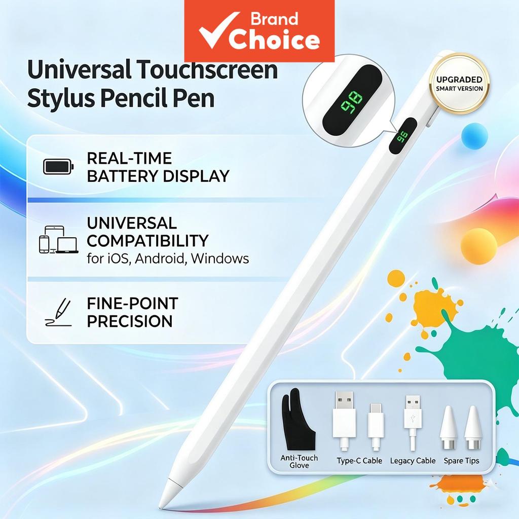 Caneta Stylus Universal TOILEUM Display Digital LED com Bateria + 2 Pontas + Luva para Tablet Android iOS Windows