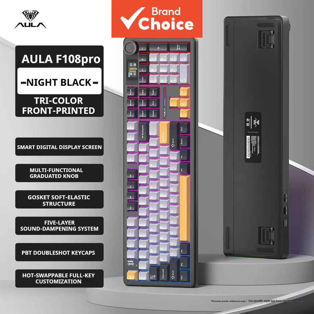 Teclado Mecânico Sem Fio AULA F108 PRO com Tela e Botão, Teclado Gamer Substituível a Quente com Switches