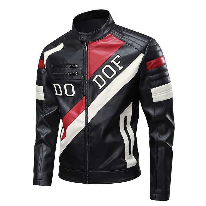 Jaqueta Masculina De Couro Com Gola Alta E Emenda Bordada Para Motociclista