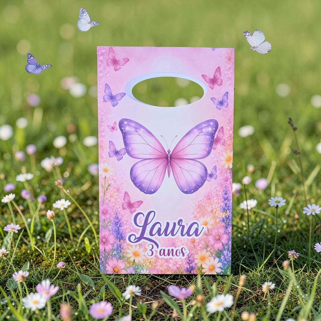 Sacolinha Surpresa Personalizada JARDIM DAS FLORES e BORBOLETAS - Lembrancinha para festa - PEGUE E MONTE