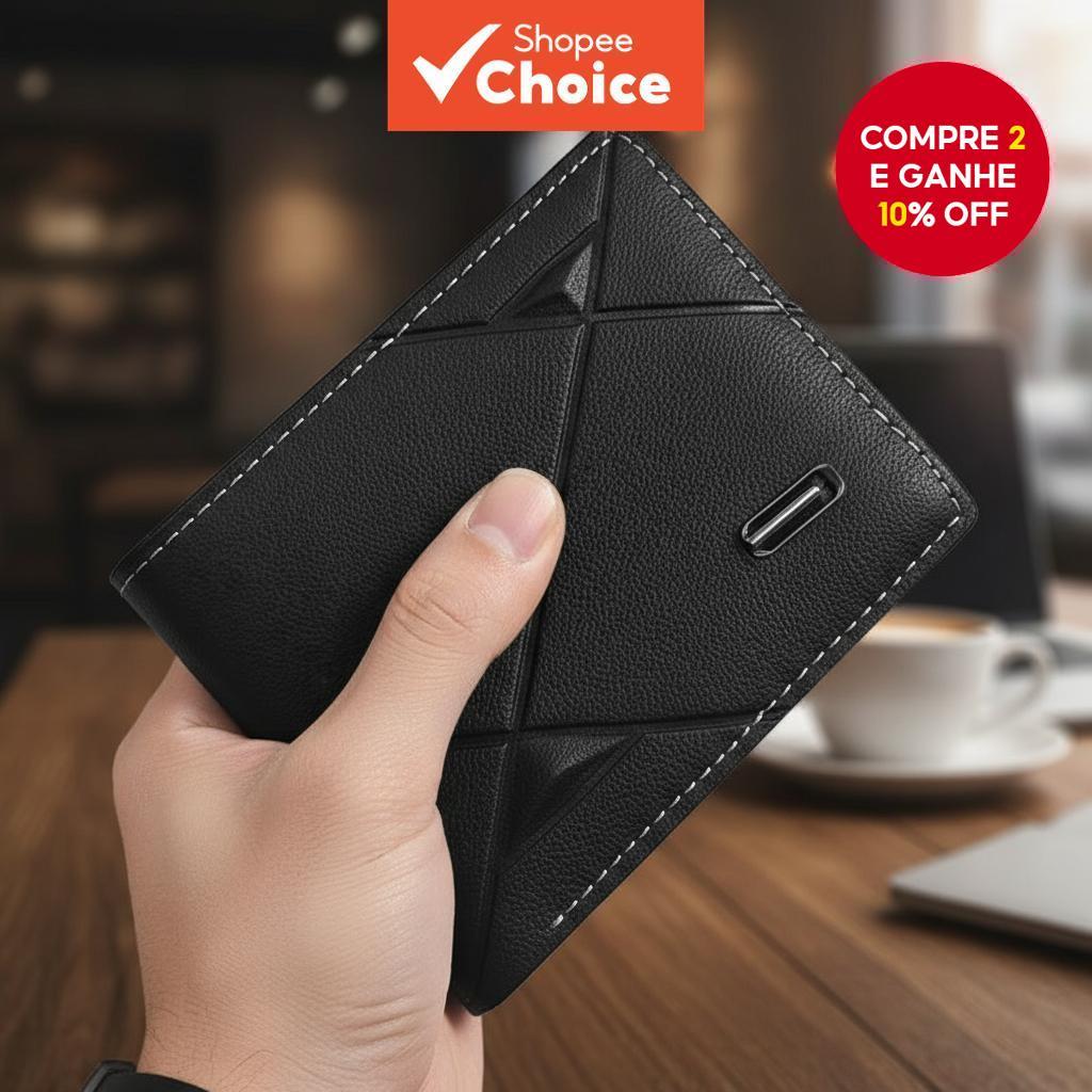  Carteira de couro fina para homens com vários compartimentos para cartões e porta-moedas