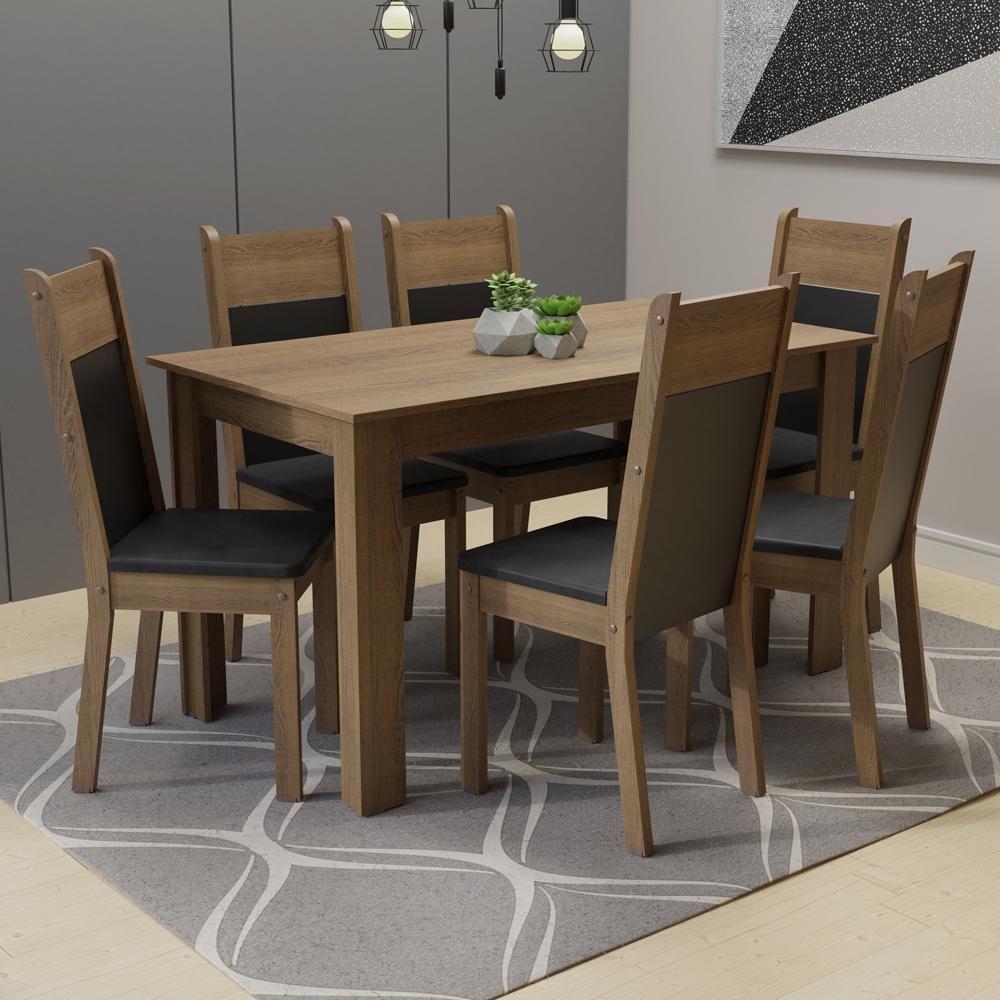 Conjunto Sala De Jantar Madesa Medelin Mesa Tampo De Madeira Com 6 Cadeiras Rustic/preto/sintpreto