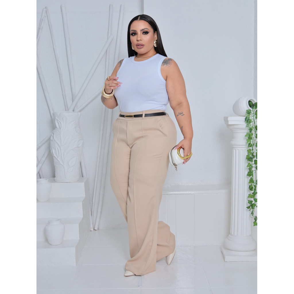 Calça Alfaiataria Pantalona Plus Size Wide Leg Social Com Cinto Feminino em Oferta na Shopee