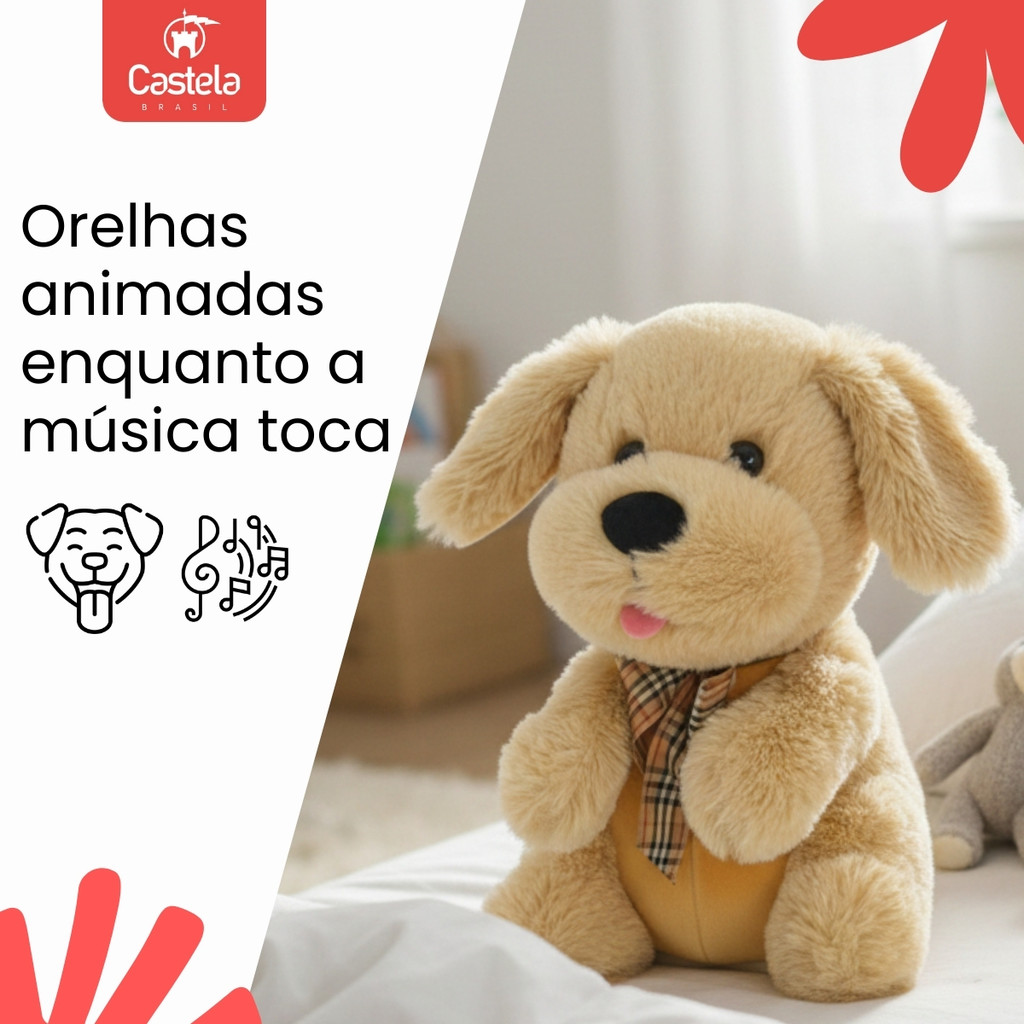 Detalhes do Cachorrinho De Pelúcia Infantil Interativo Que Canta e Bate Palma - Castela
