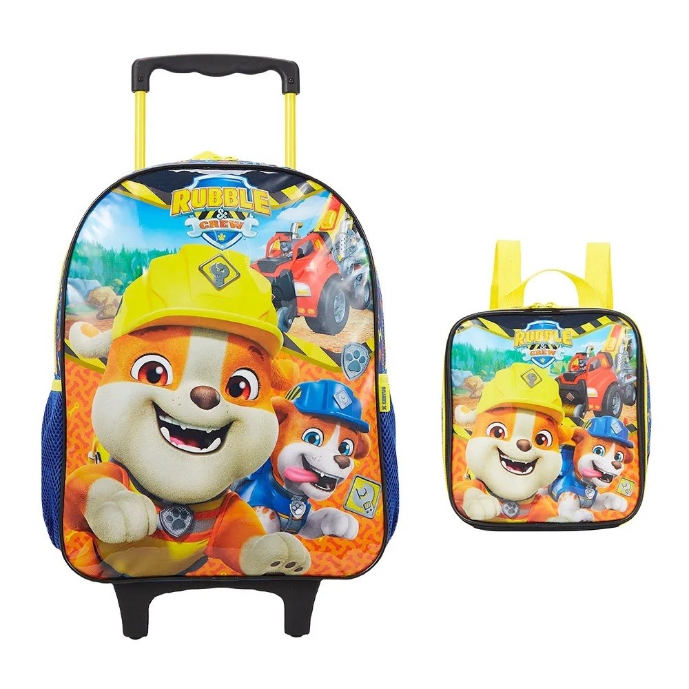 Mochila Escolar Com Rodinhas Patrulha Canina Rubble + Lancheira Térmica Rubble Xeryus