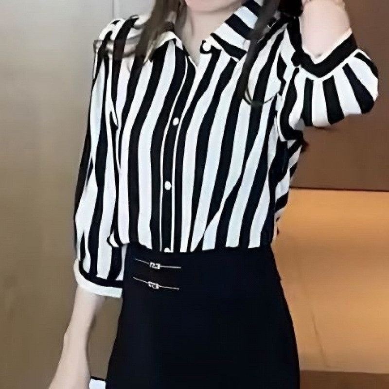 High-End 2025 novo estilo primavera verão usar listrado camisa de manga de três quartos feminino solto mais magro olhar 