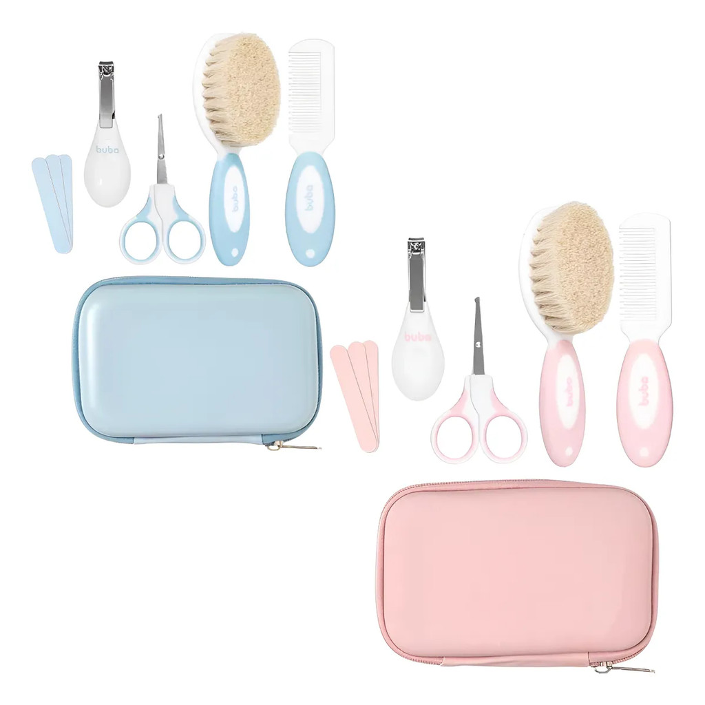 Kit Cuidado Bebê Higiene Manicure Completo Com Estojo Pentes Cerdas Macias Naturais Azul Rosa Buba