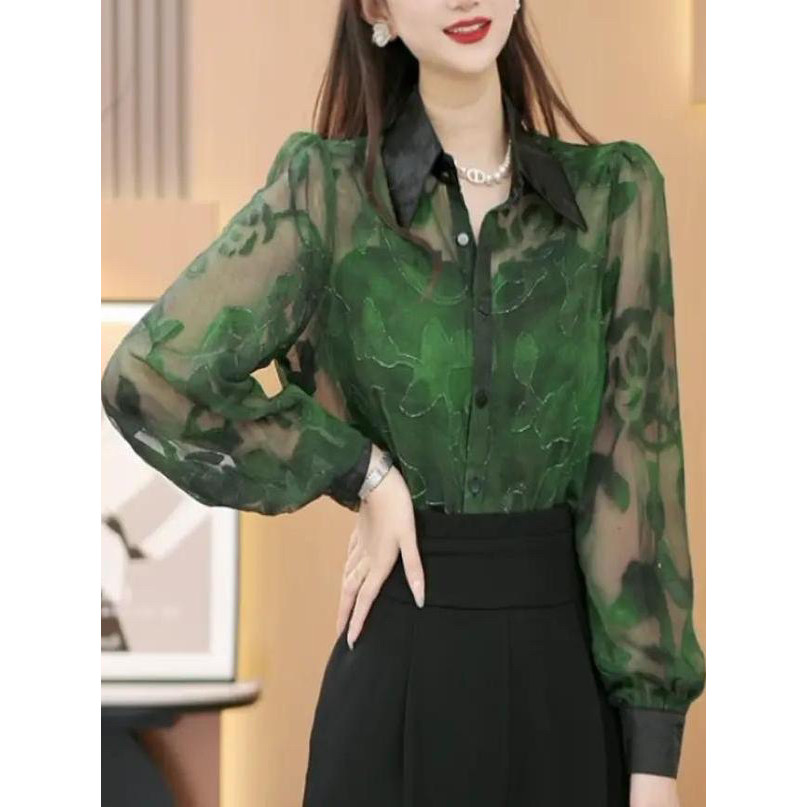 2025 primavera verão novo estilo francês Retro impresso manga comprida protetor solar camisa feminina solta mais magro o