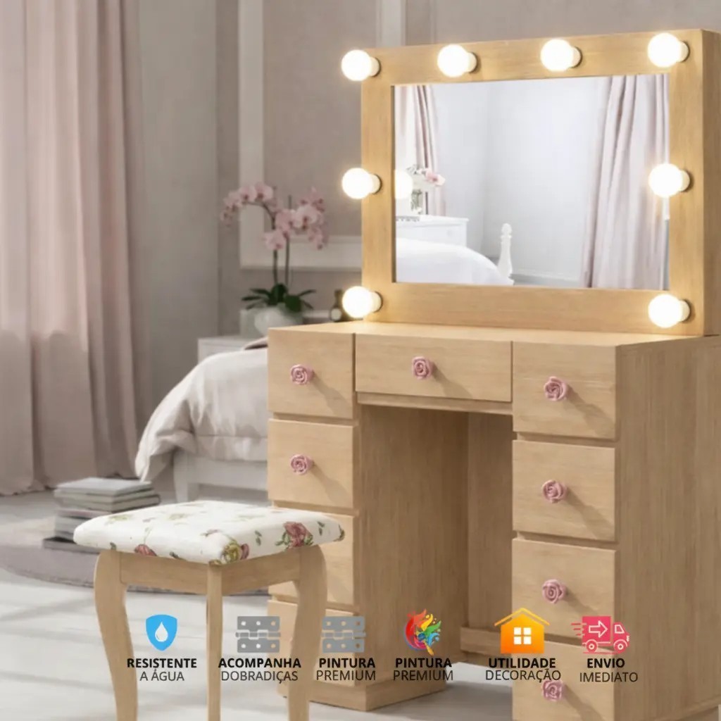 Penteadeira Camarim Luxo + Banqueta Estofada - Espelho com LED e 5 Gavetas ✨