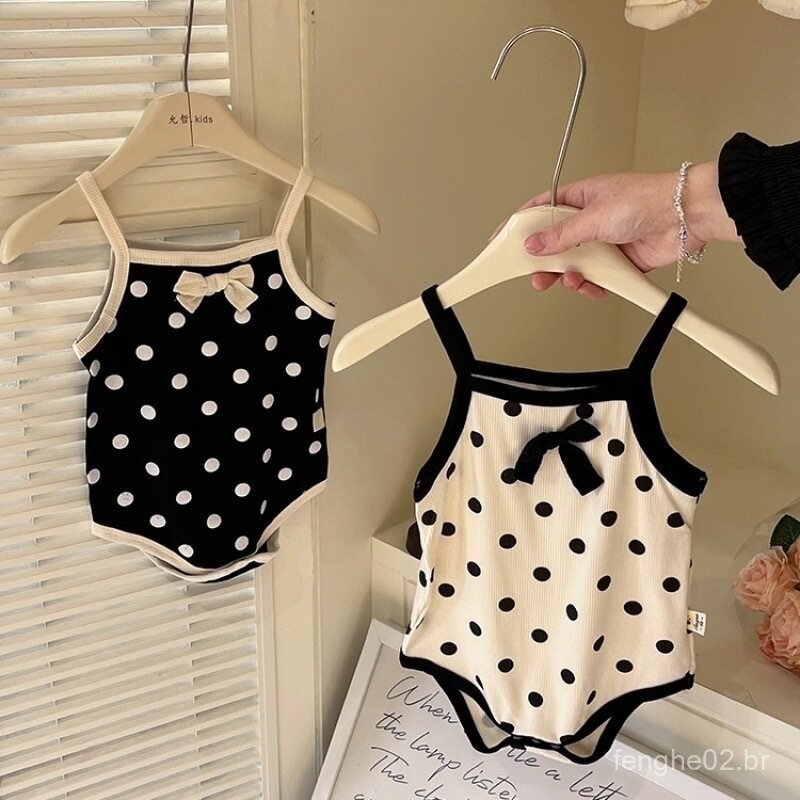 Roupas de bebê, macacão de verão fino sem mangas, macacão fofo com laço para menina, macacão com suspensório D5W1
