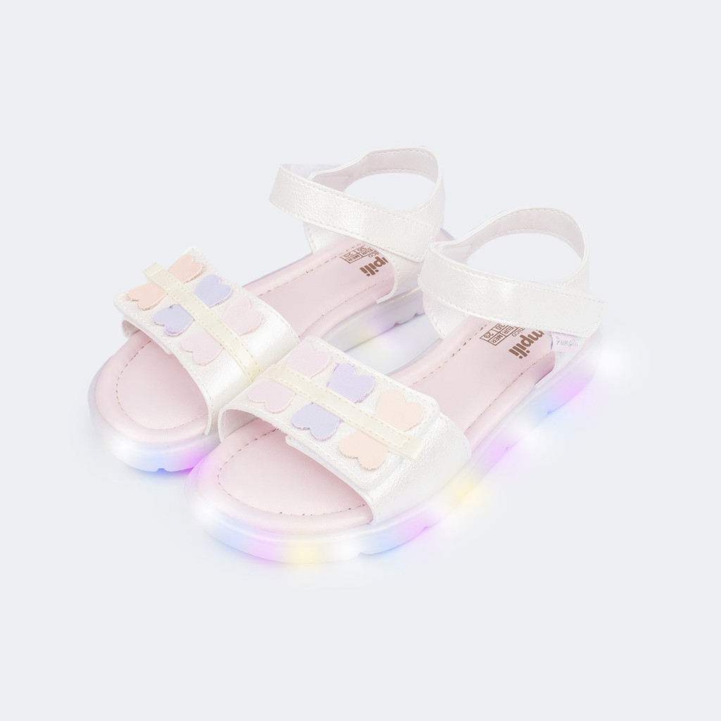 Sandália de Led Infantil Menina Mini Corações Perolada Branca Pampili