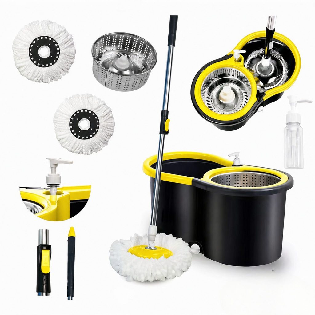 Mop Inoxidável Esfregão Giratório Profissional 14L c/ Balde, Rodas e Cabo 1,4m/2 Refis