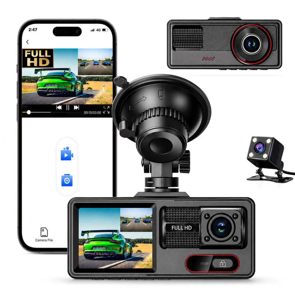 Câmera Veicular DVR WiFi Full HD 1080P Tripla Lente Visão Noturna Sensor Ré
