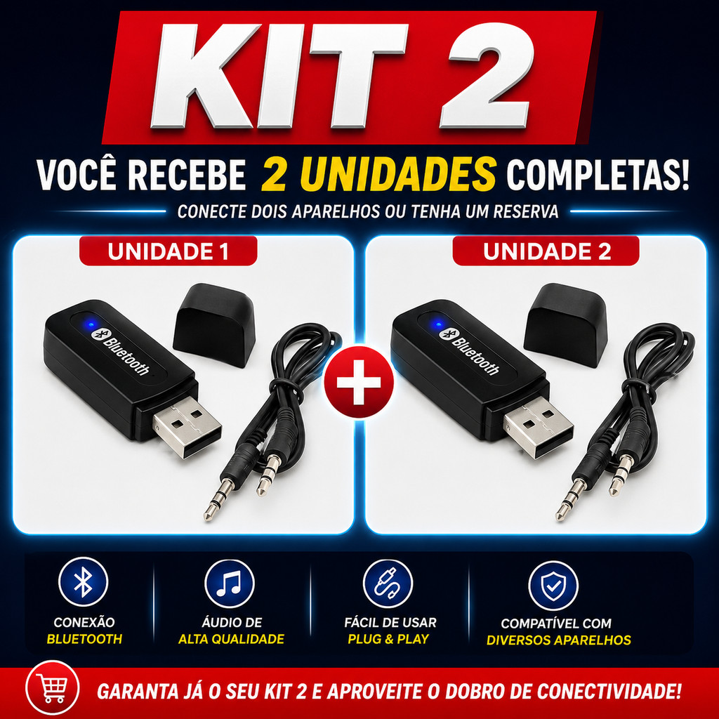 Kit 2 Adaptador Bluetooth USB P2 3.5mm Receptor Áudio Sem Fio Para Carro Som Caixa Home Theater