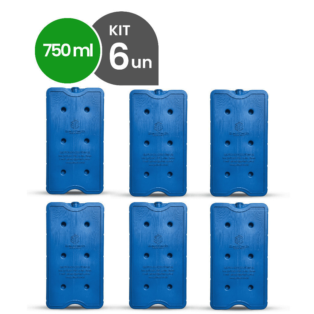 Kit 6 Gelo Reutilizável 750ml Até 8h Gelado Não Molha | GeloTech Rígido Gel Artificial Atóxico