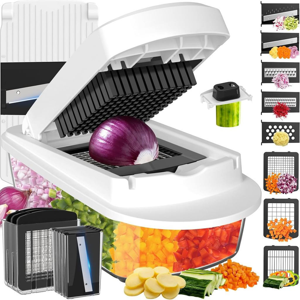 Cortador de Legumes Multifuncional 8 em 1 com Recipiente, Picador de Alimentos, Picador de Cebola, Fatiador de Legumes